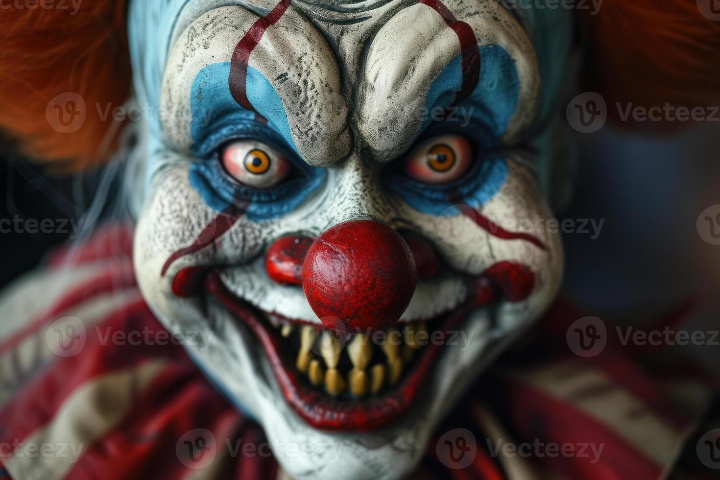 Macro shot of a scary clown with vivid makeup and intense eyes photo