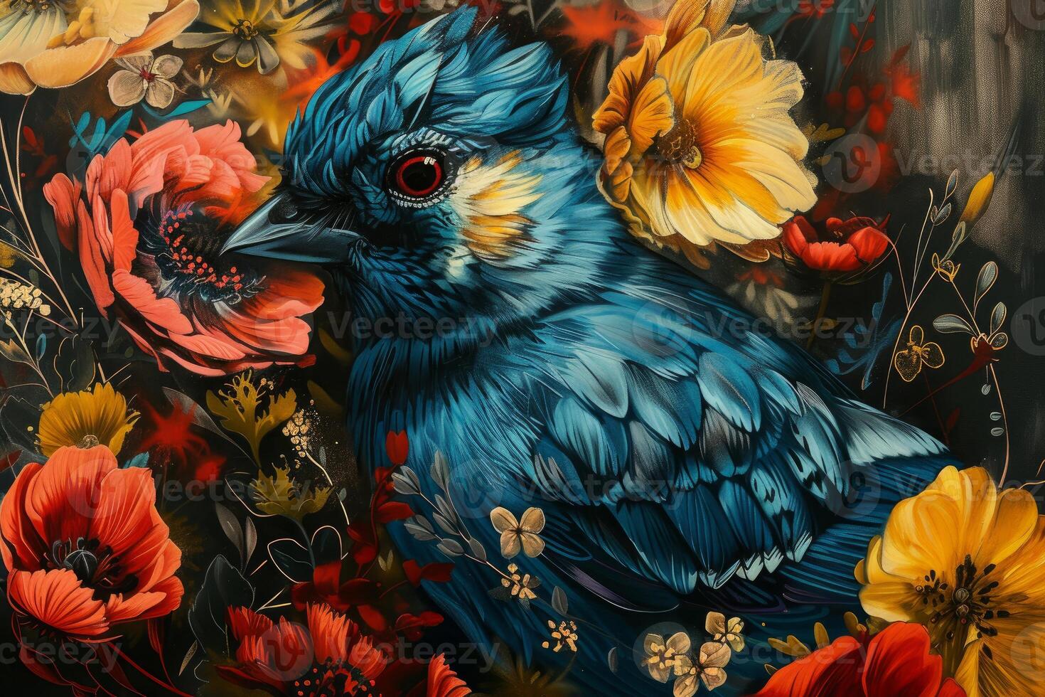 Artistic Bird flowers portrait. Generate Ai photo