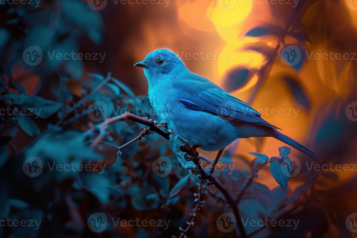 Vibrant image of a bluebird perched amid foliage against a warm, twilight backdrop photo