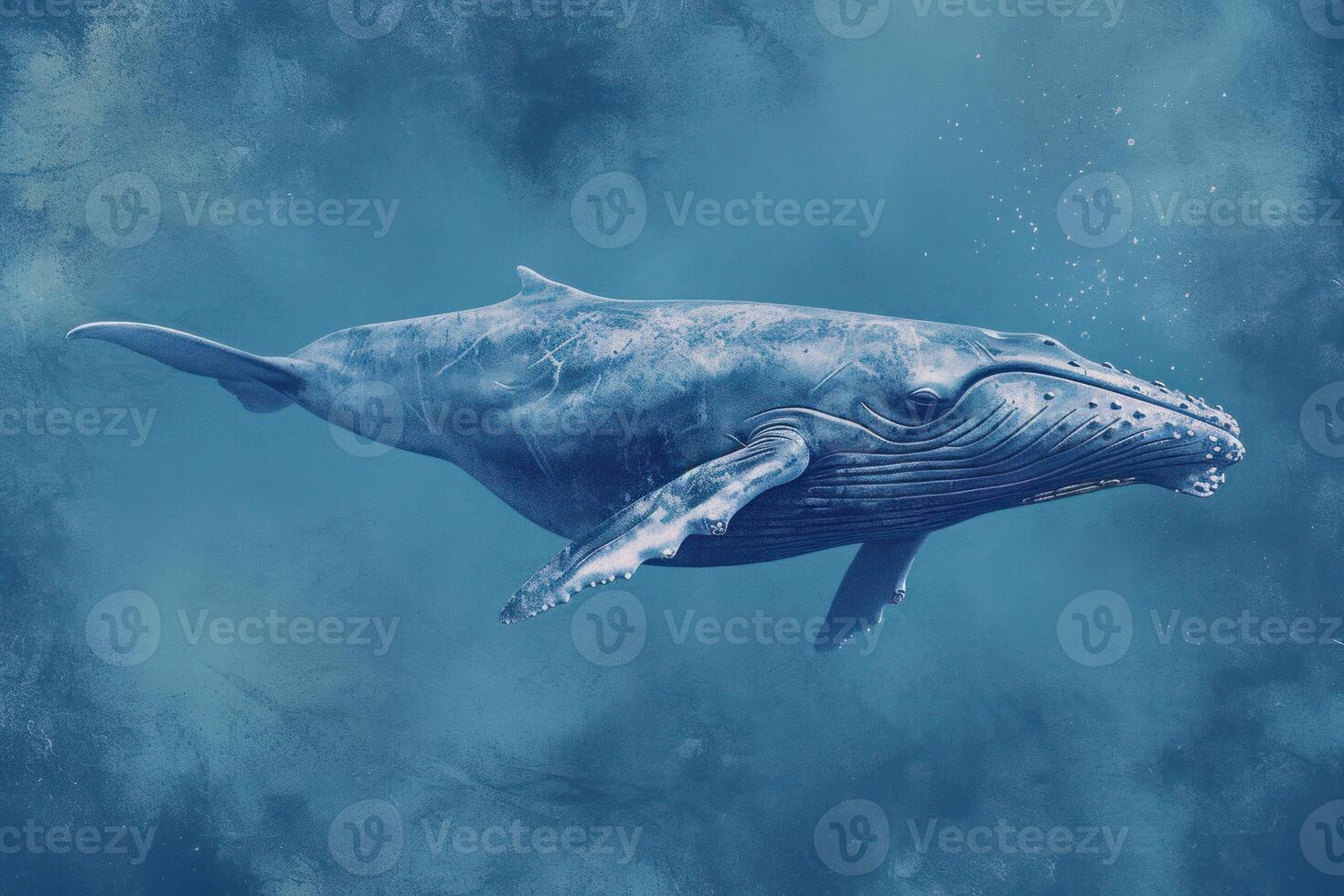 Image of a blue whale gliding through the serene depths of the ocean with a textured background photo