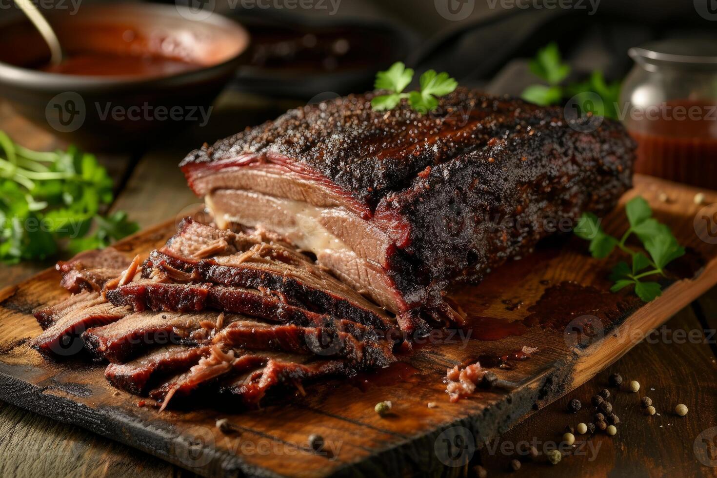 Juicy smoked brisket on wooden cutting board photo