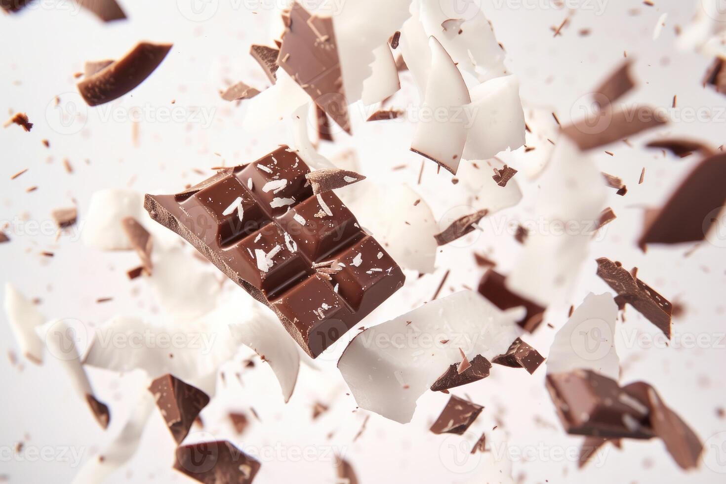 Exploding chocolate bar with flying pieces photo