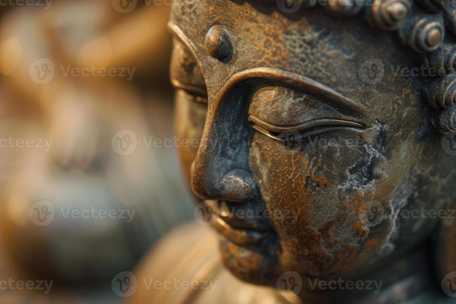 Macro shot of a tranquil buddha sculpture with intricate textures photo