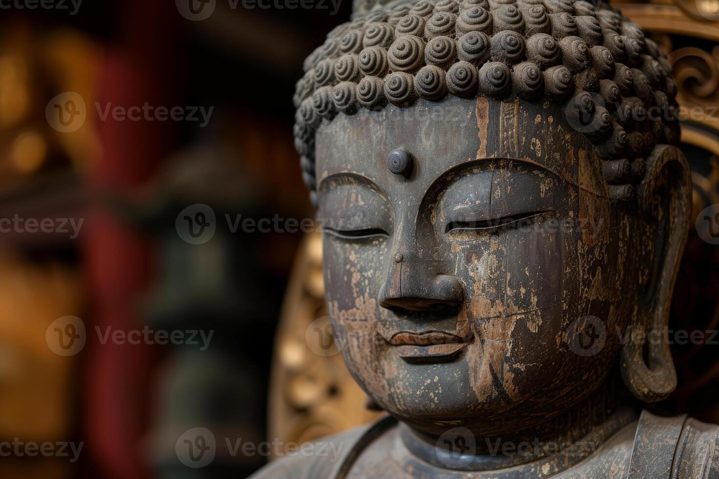 Detailed close-up of a serene buddha statue with a blurred background photo