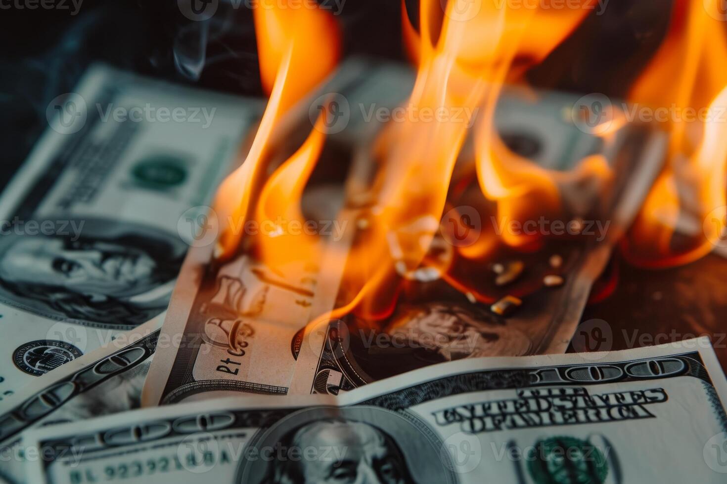 Cash on fire - conceptual image of money burning photo