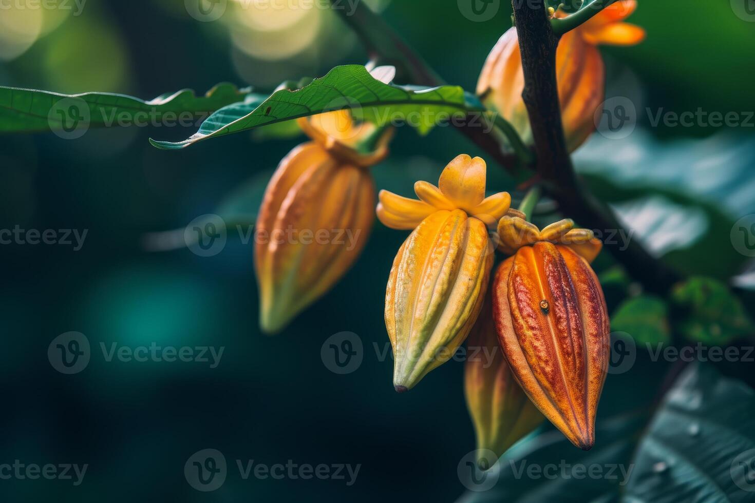 Vibrant cocoa pods on tree photo