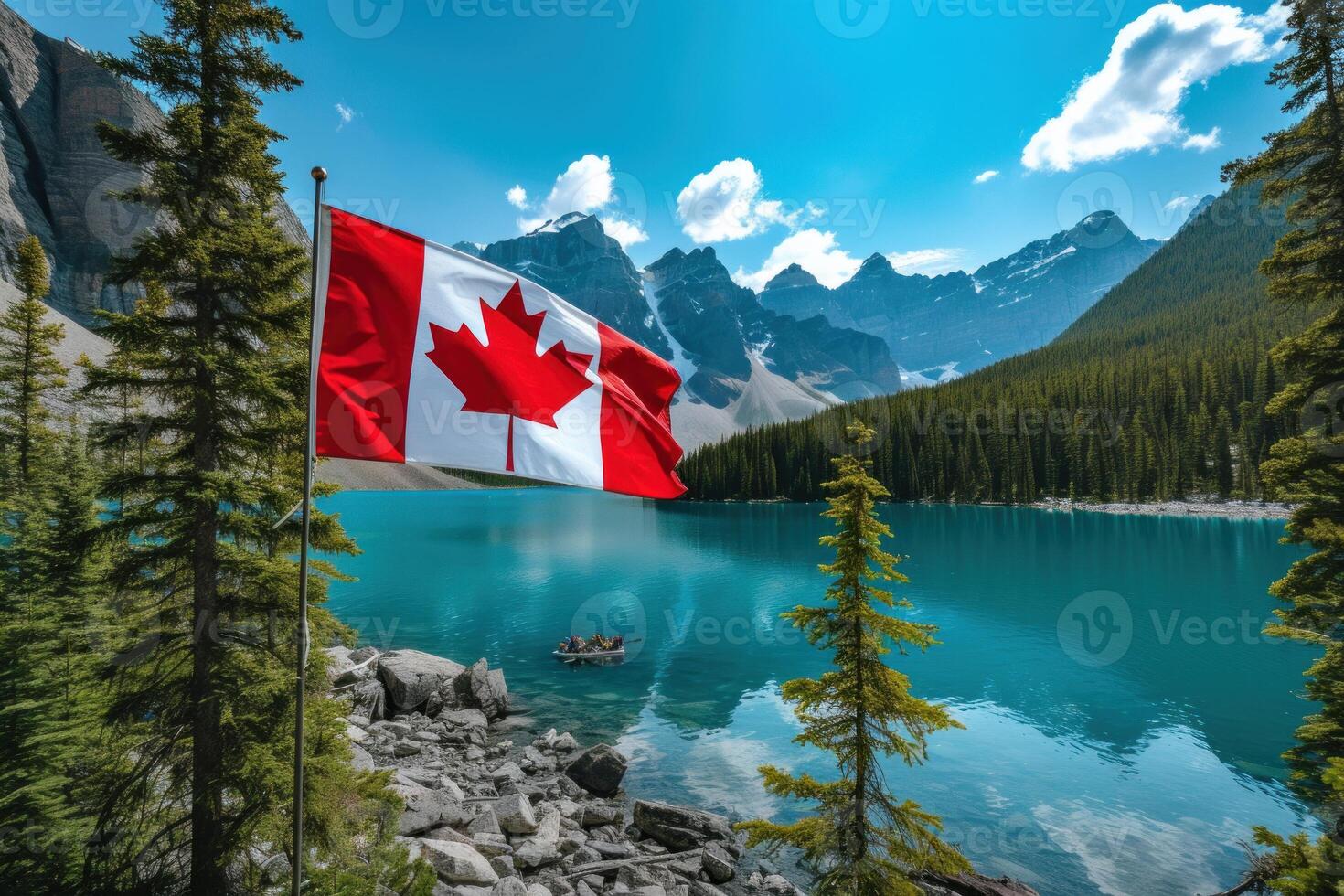 Majestic canadian flag overlooking mountain lake photo