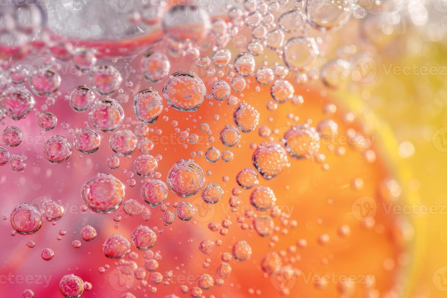 Closeup of vibrant bubbles on a colorful soft drink backdrop photo