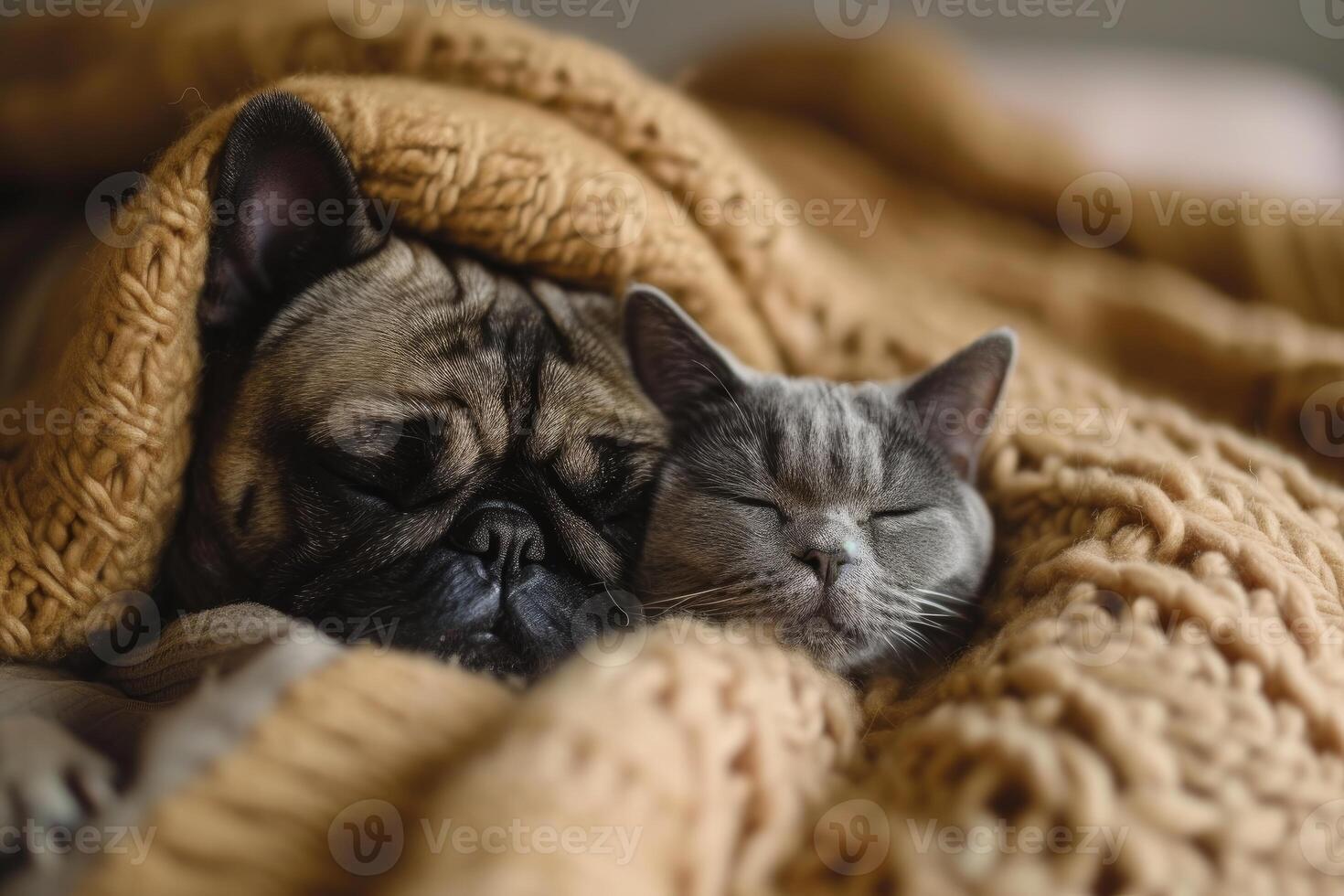Cozy nap time for pug and cat photo