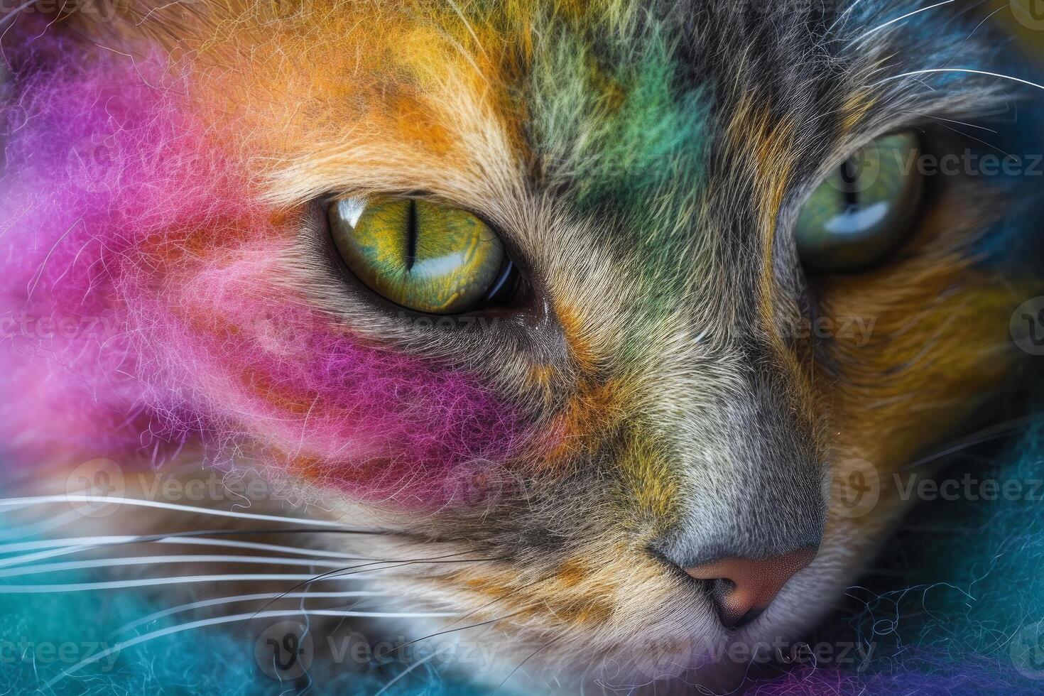 Colorful whimsy, cat's closeup with vibrant hues photo