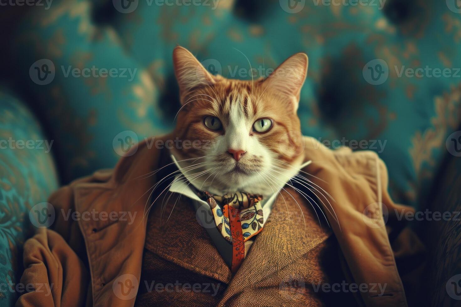 Dapper cat in stylish outfit lounging elegantly photo