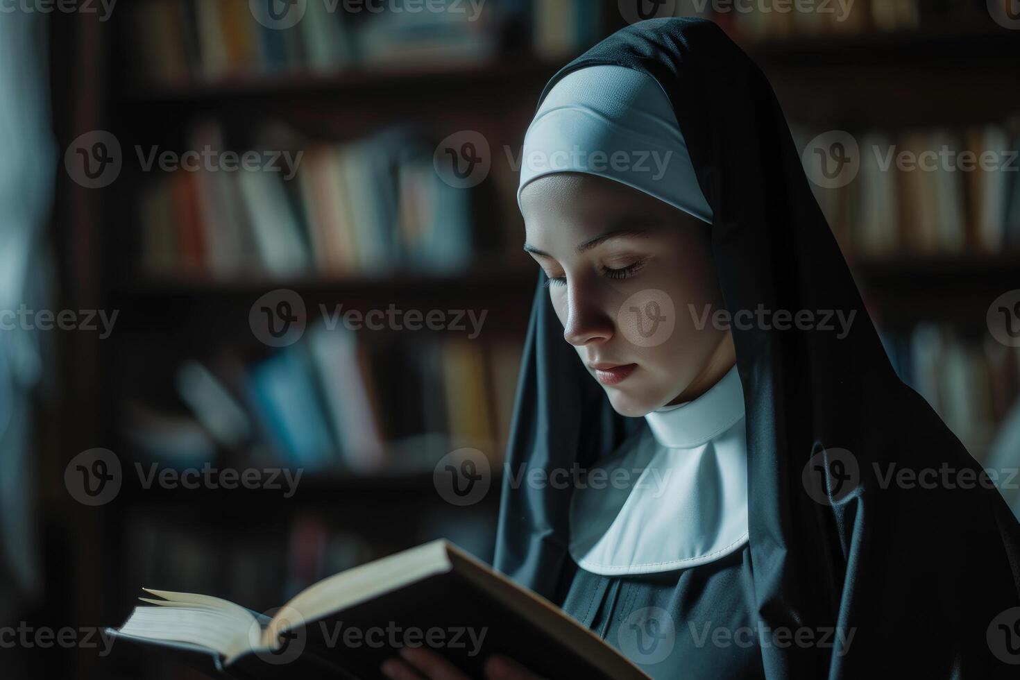 Serene nun reading in library photo