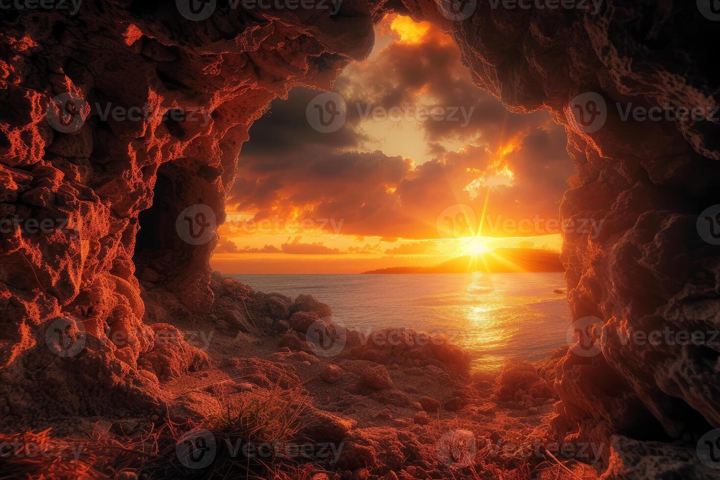 Sunset view from coastal cave photo