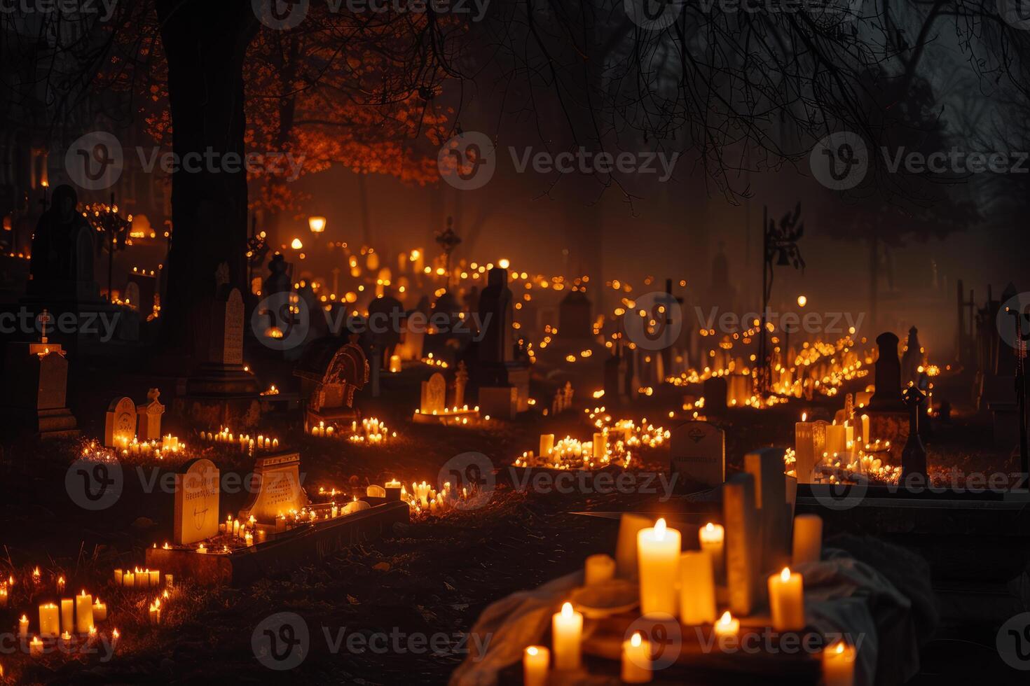 Atmospheric candlelit graveyard at night photo