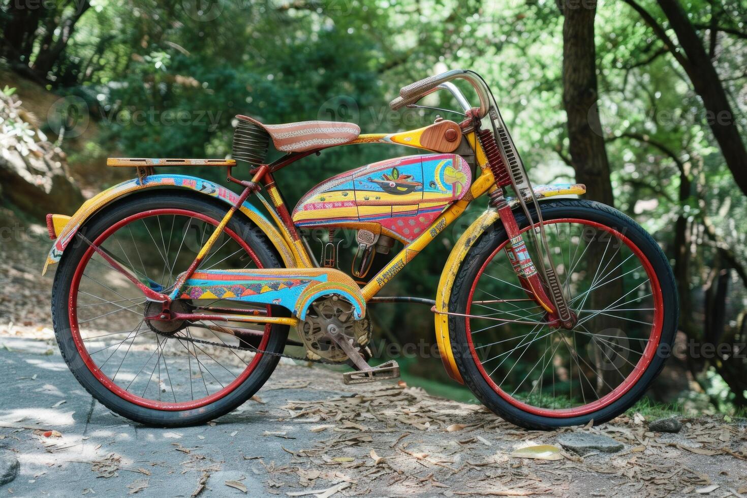 Vintage painted bicycle on forest path photo