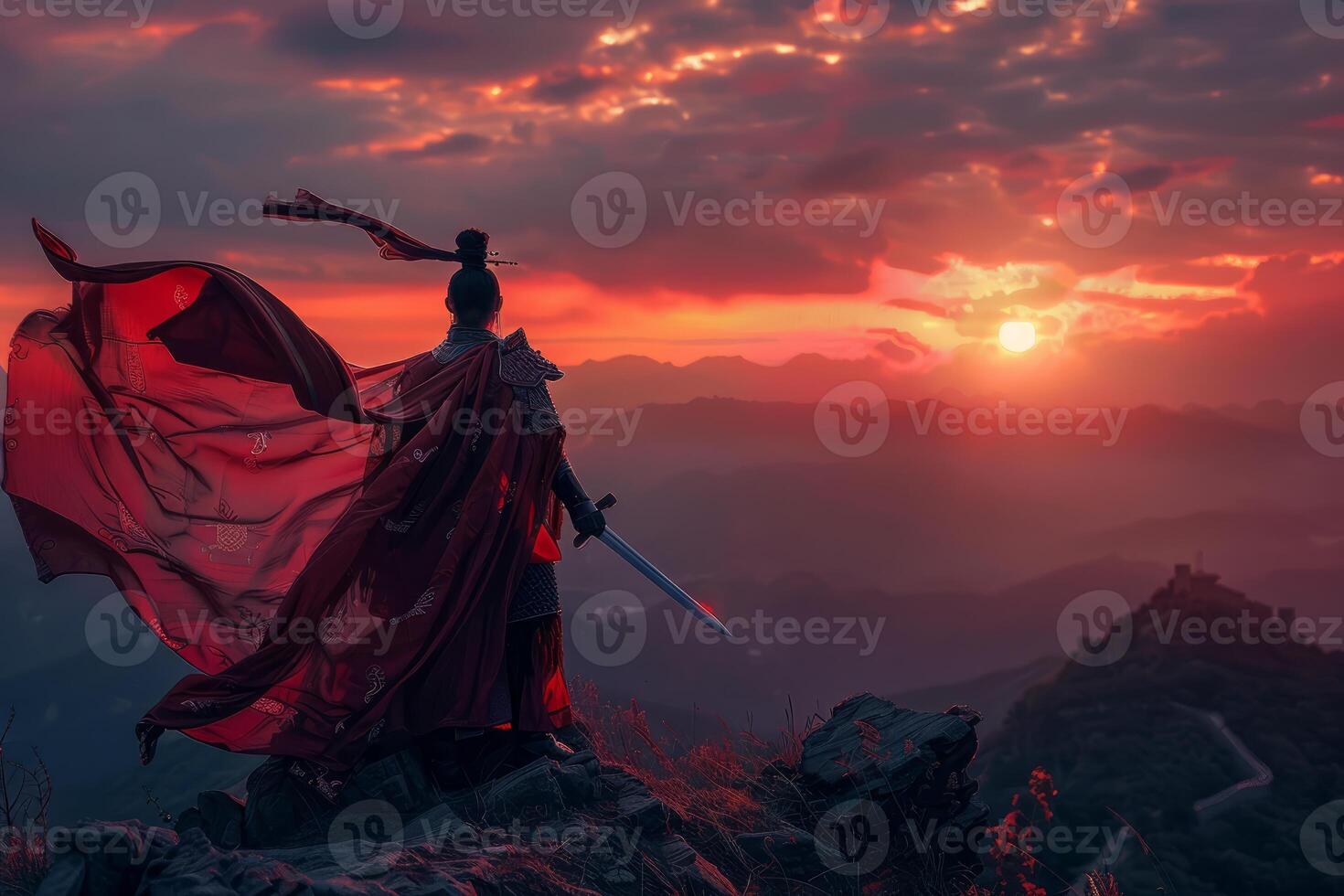 Majestic view of a warrior in traditional armor standing atop a mountain at sunset photo