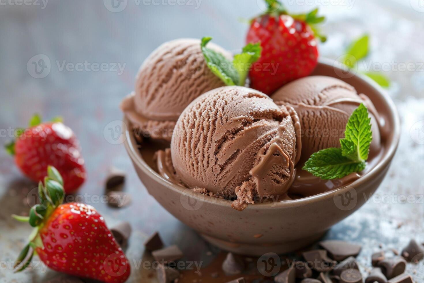 Chocolate ice cream with fresh strawberries photo
