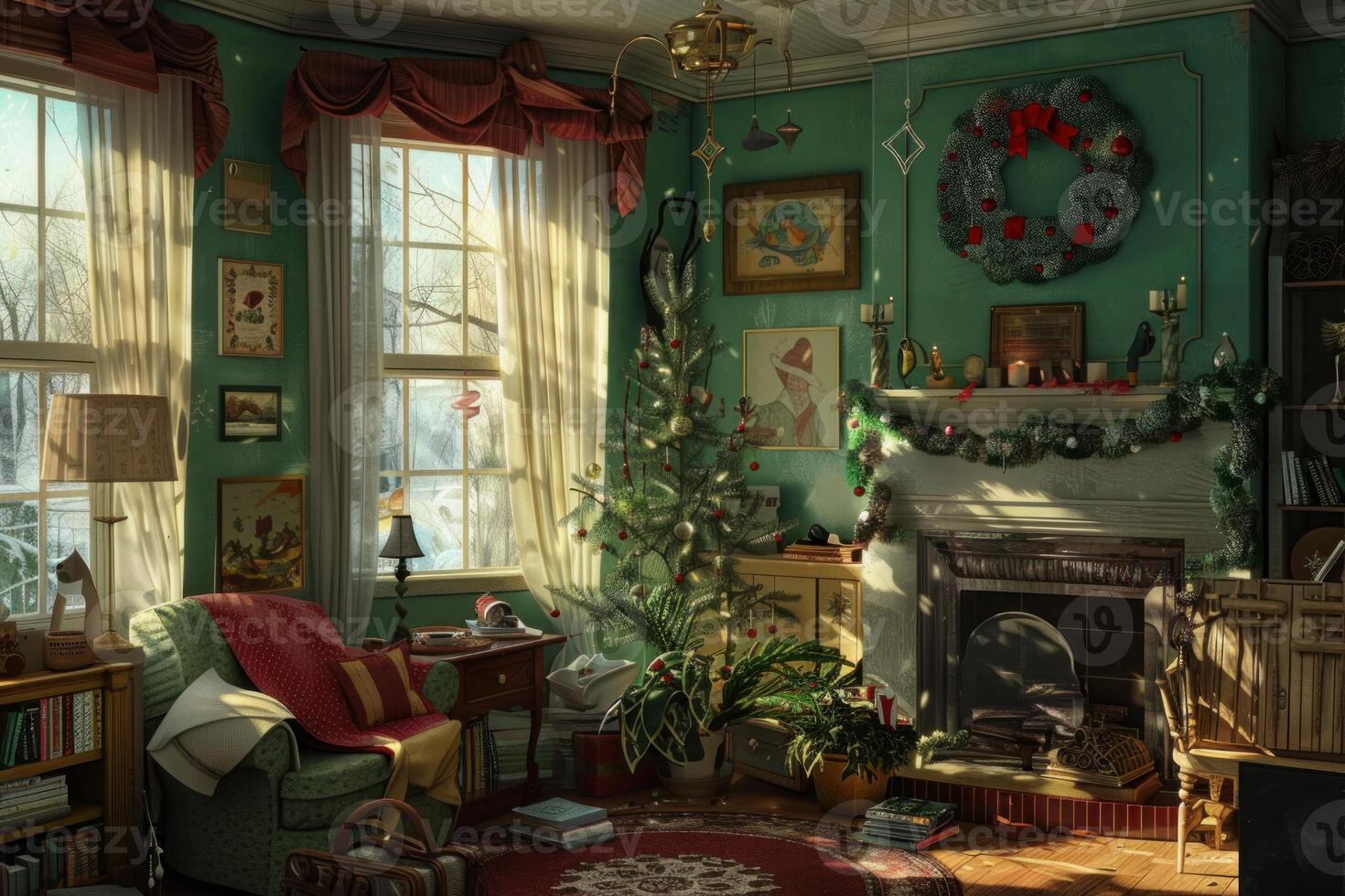 Cozy christmas living room interior with festive decorations photo