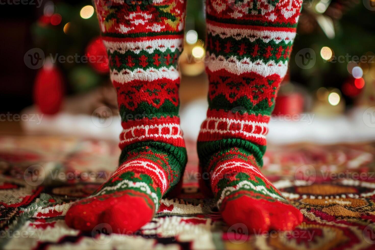Cozy christmas socks by festive tree photo