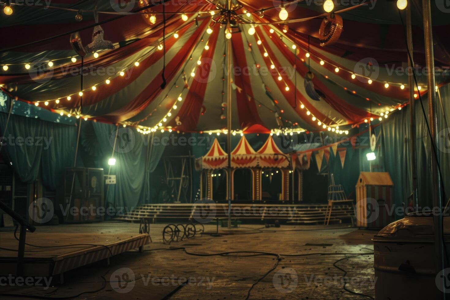 Empty vintage circus tent with festive lights at night photo