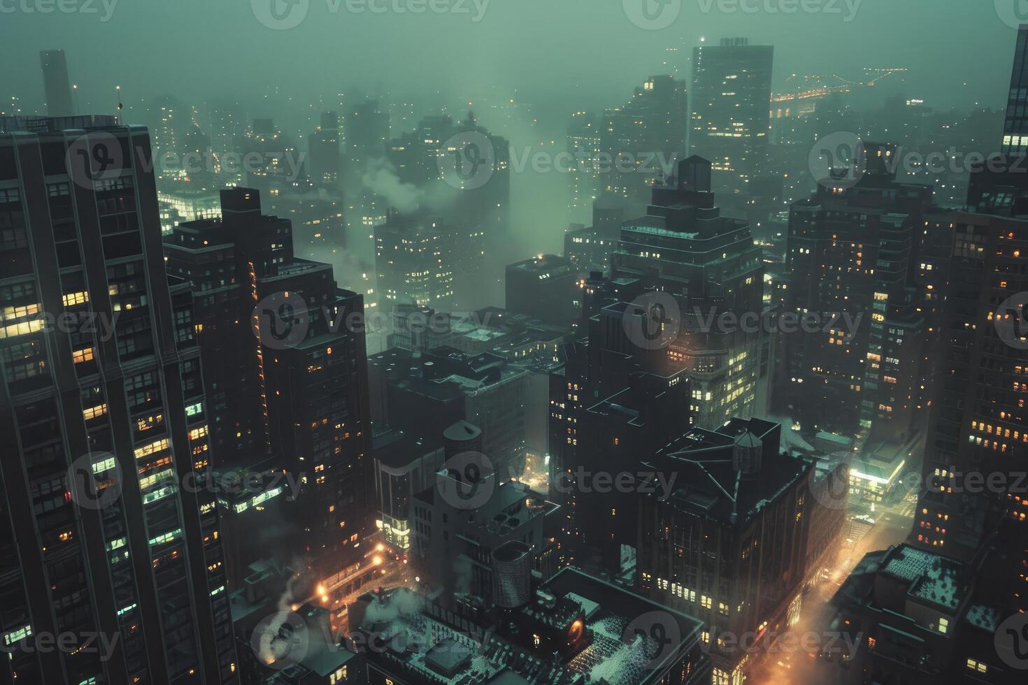 Moody, foggy cityscape at night, with illuminated buildings photo