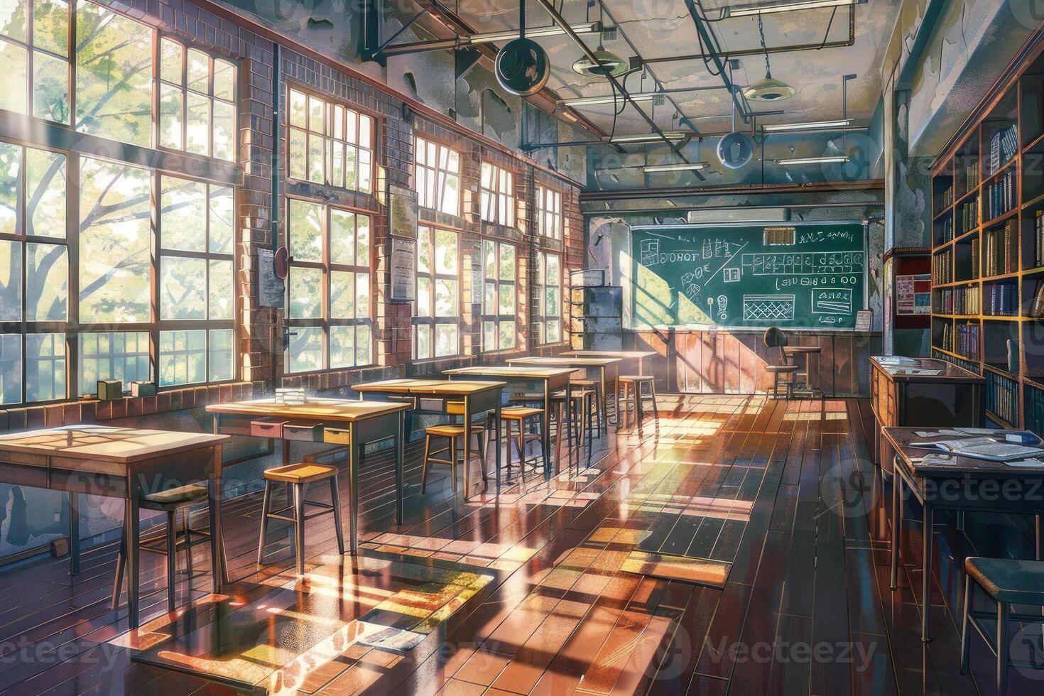 Sunlit classroom with vintage ambiance photo