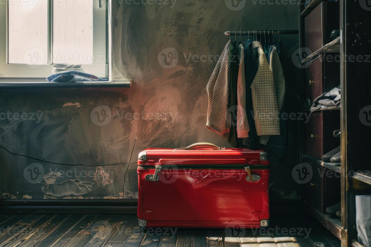 Vintage travel suitcase in moody interior photo