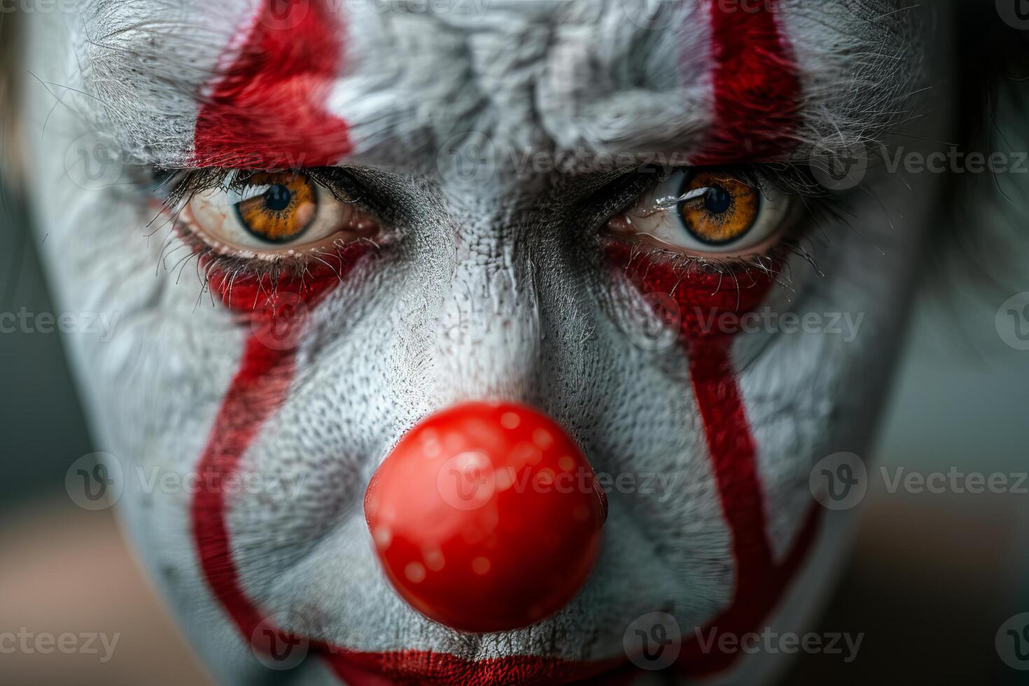 Macro shot capturing the compelling gaze of a person with clown makeup and a red nose photo