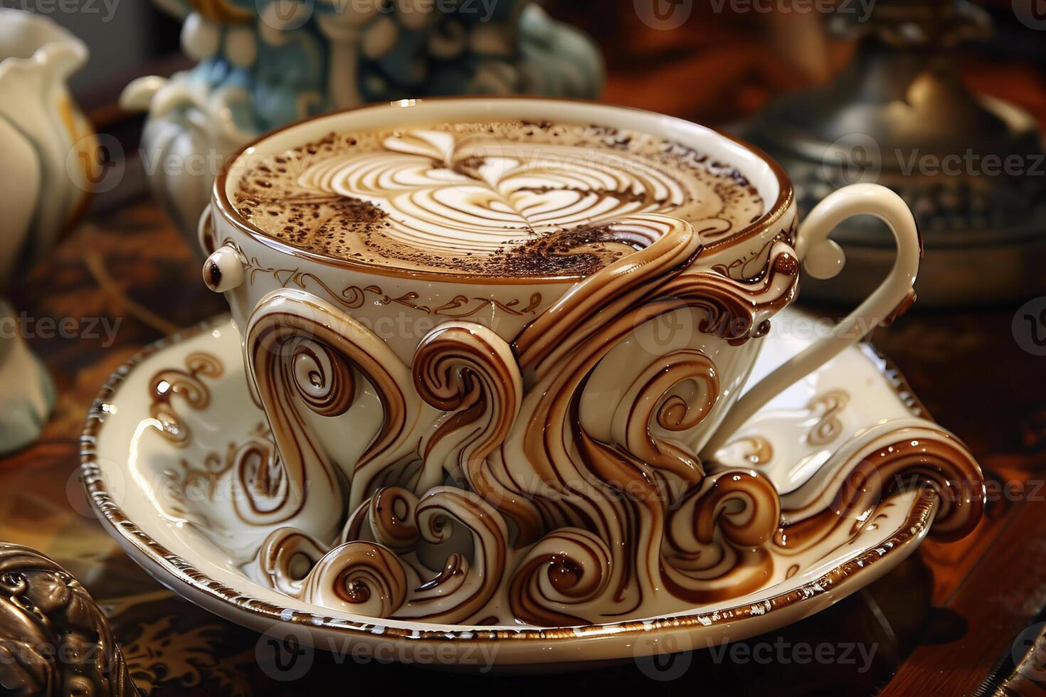 artístico latté en un florido taza foto