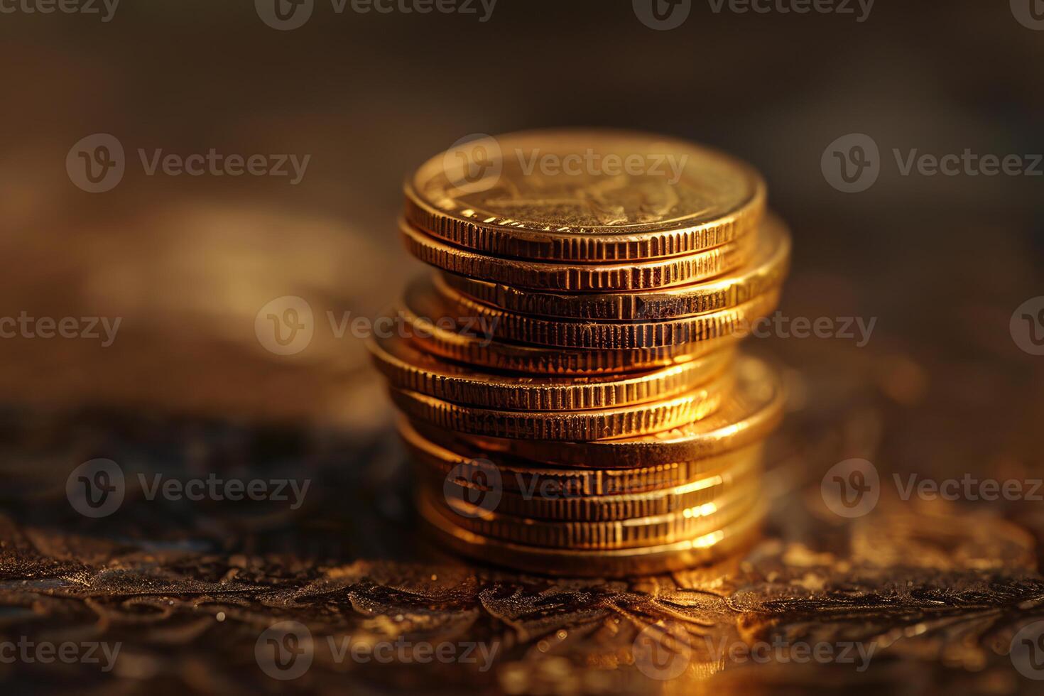 Golden coins stacked on textured surface photo