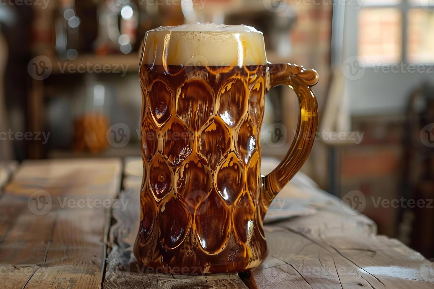 Frothy beer in wooden mug on rustic table photo