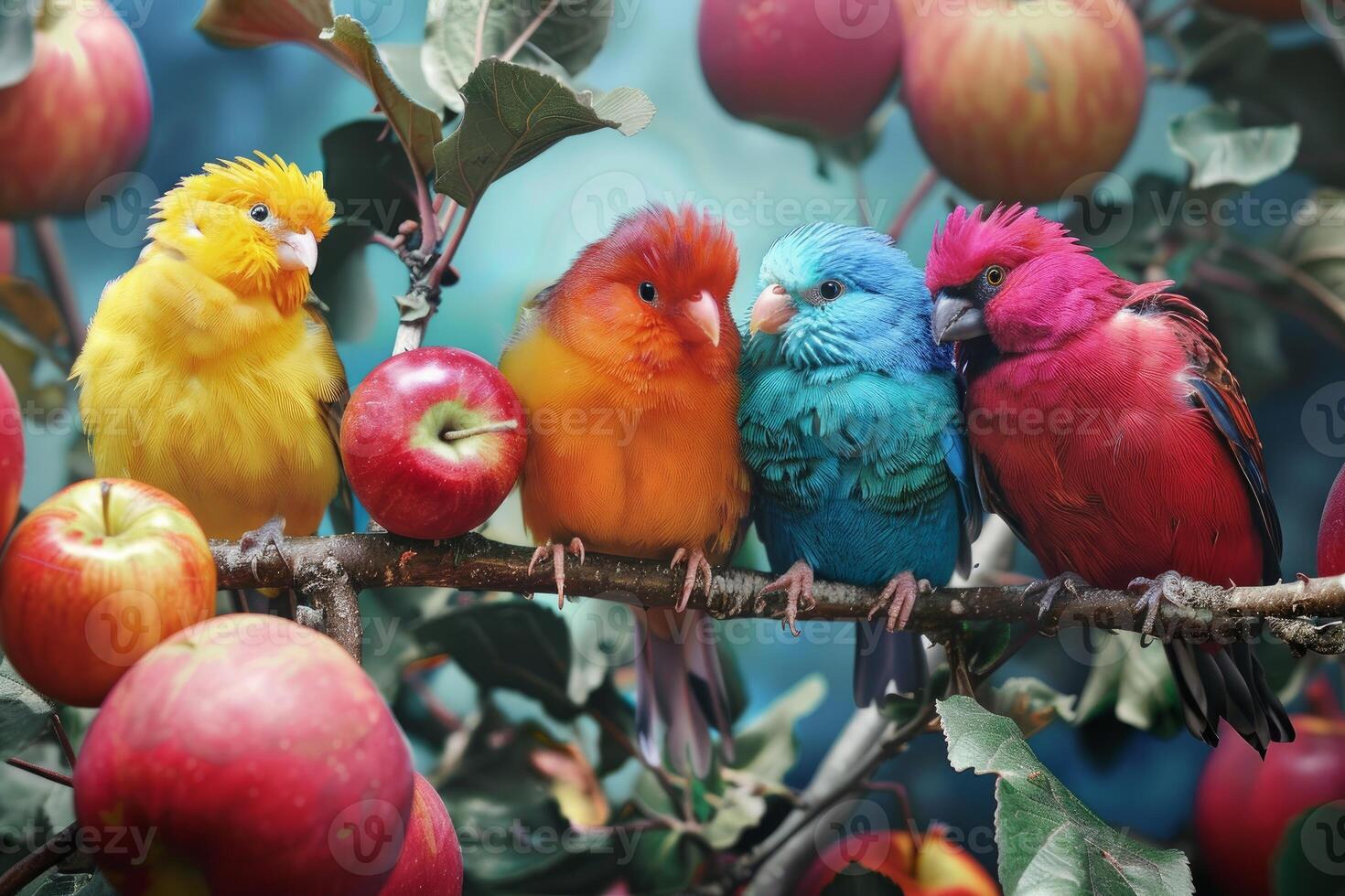 Colorful birds perched on apple tree branch photo