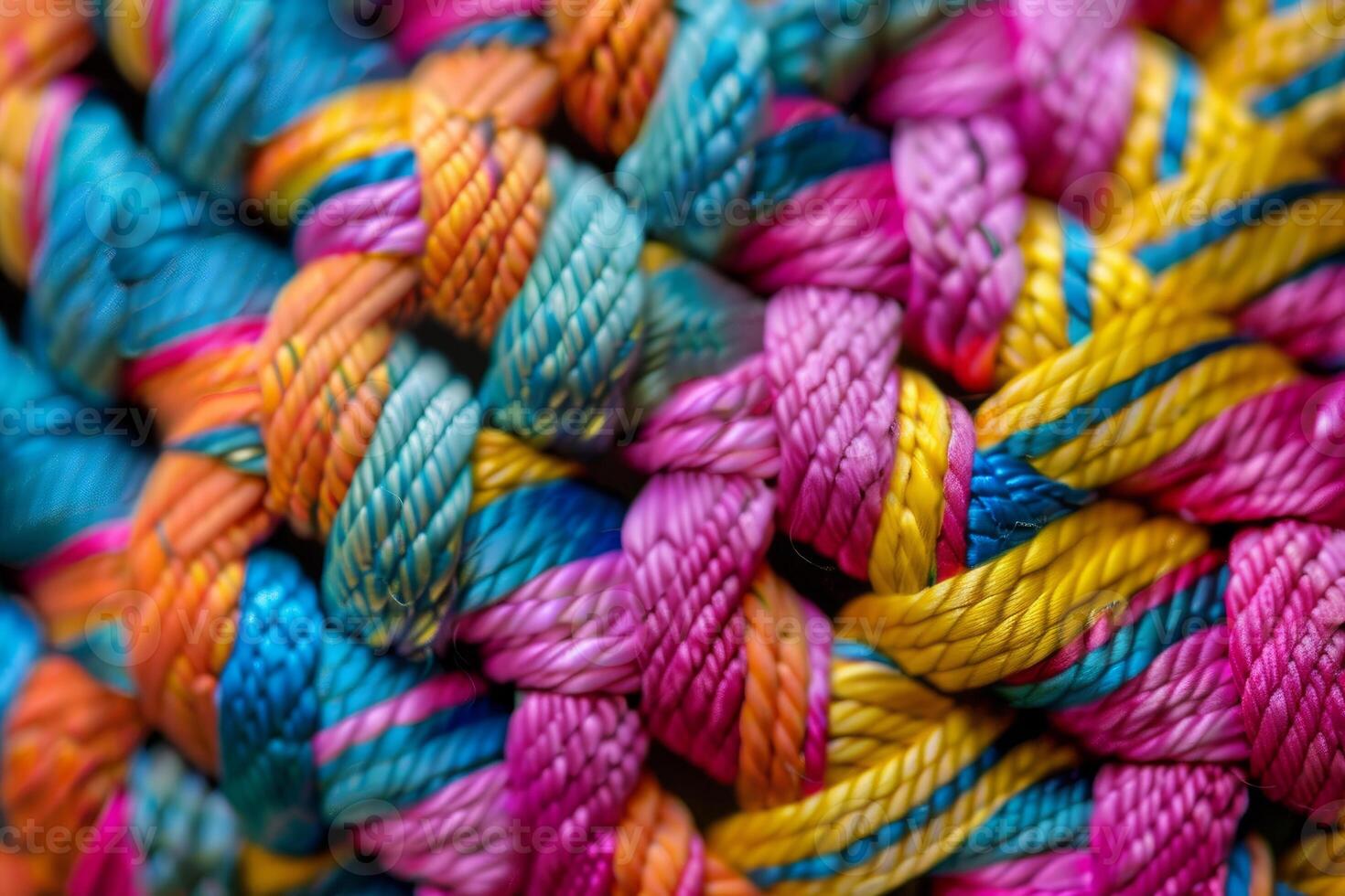 Vibrant multicolored braided ropes closeup photo