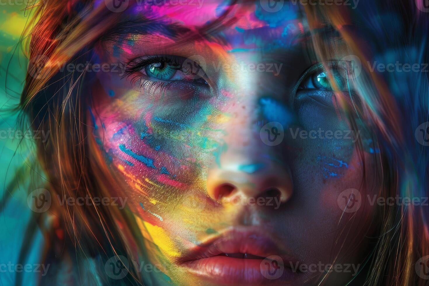 Vivid colors on woman's face in closeup photo