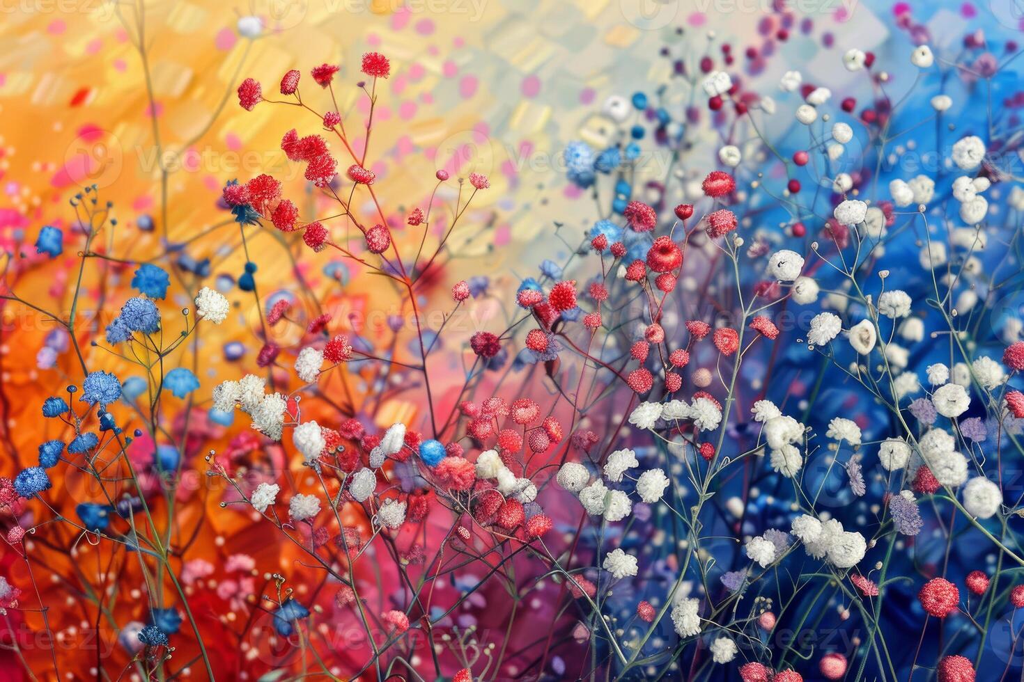 Artistic overlay of vibrant, multicolored patterns on a field of delicate wildflowers photo