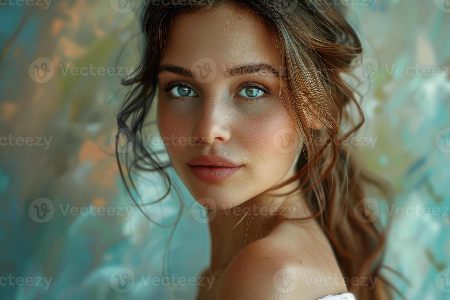 Closeup of a young woman with stunning eyes and a gentle expression photo