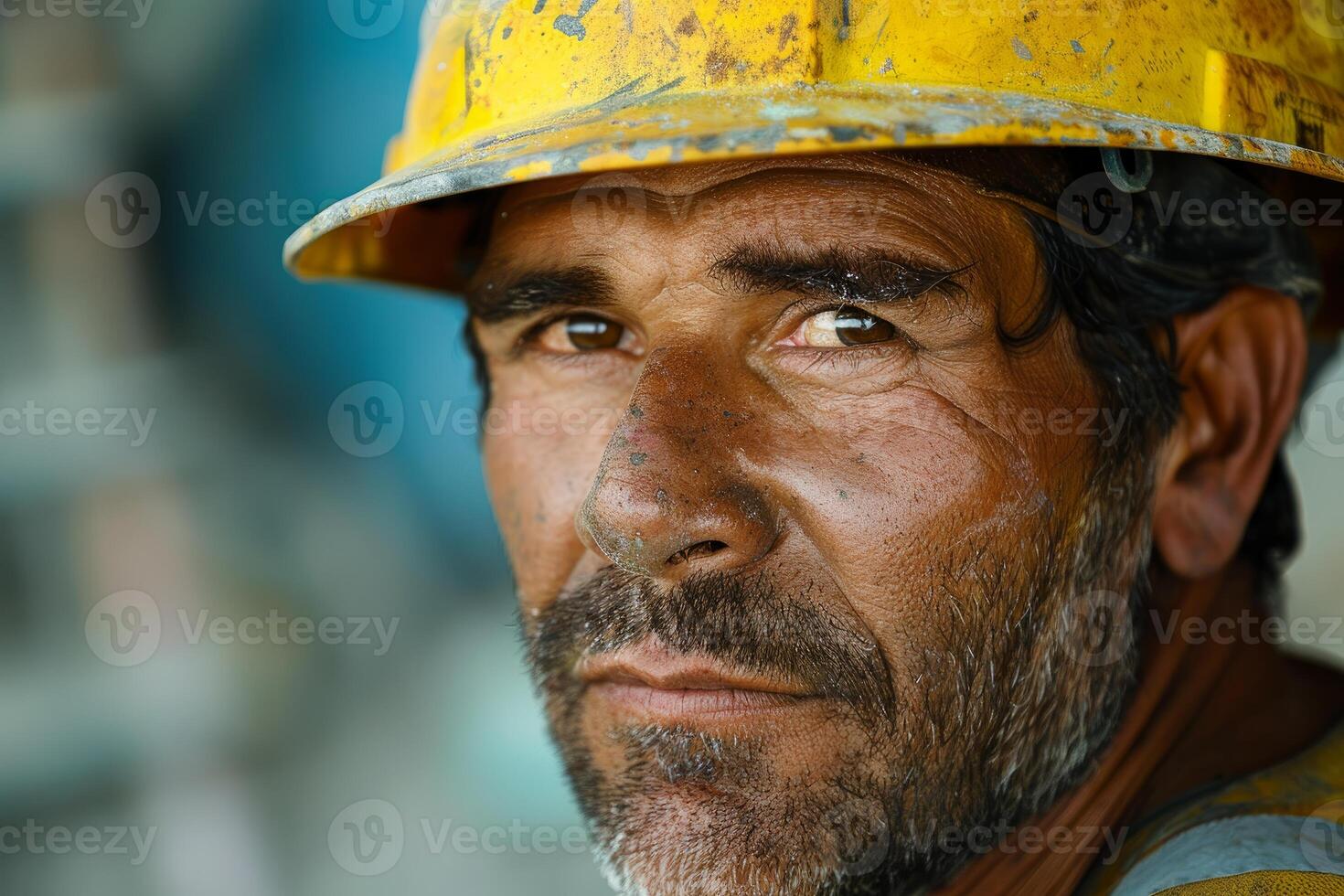 Weathered construction worker in hard hat photo