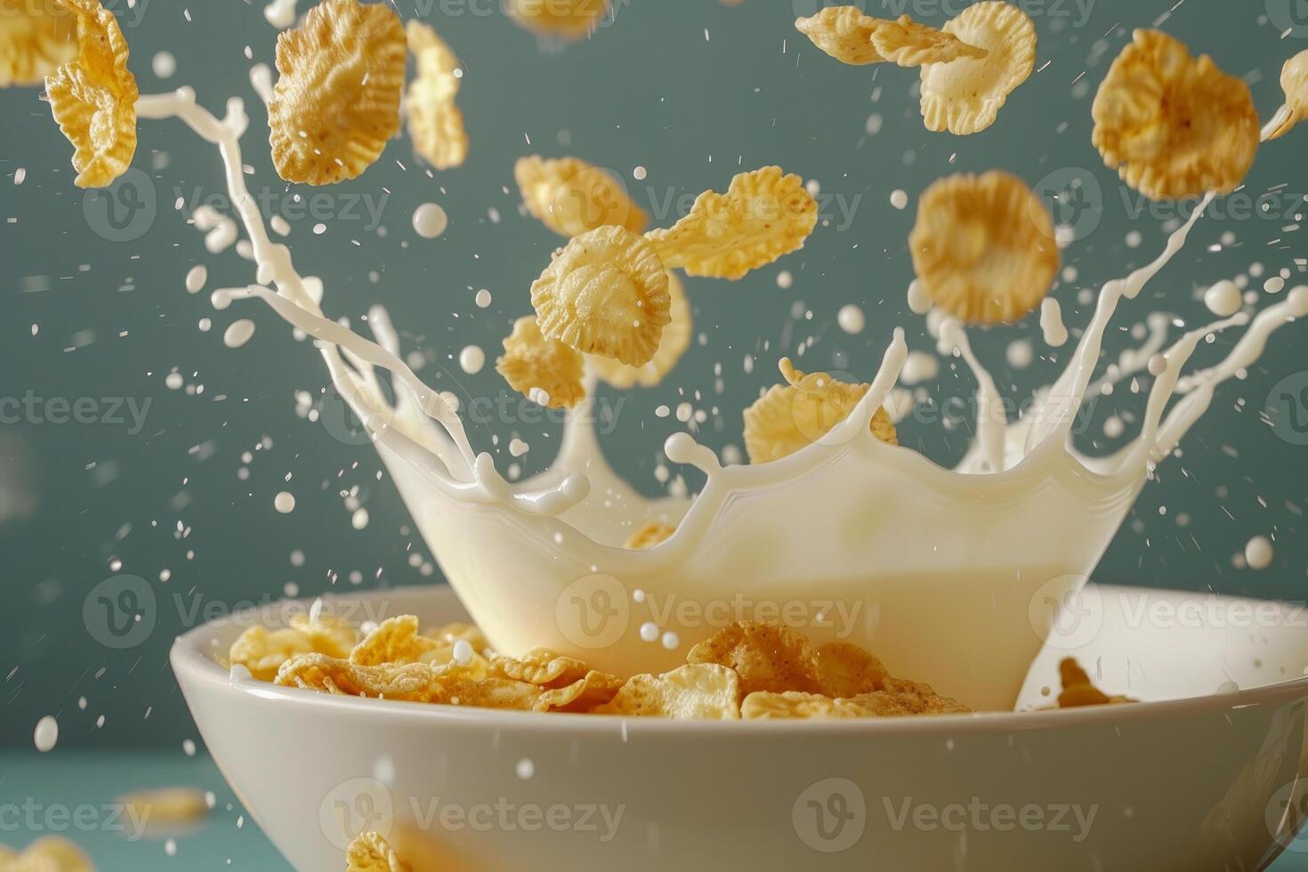 Dynamic closeup of cornflakes and milk splashing out of a bowl photo