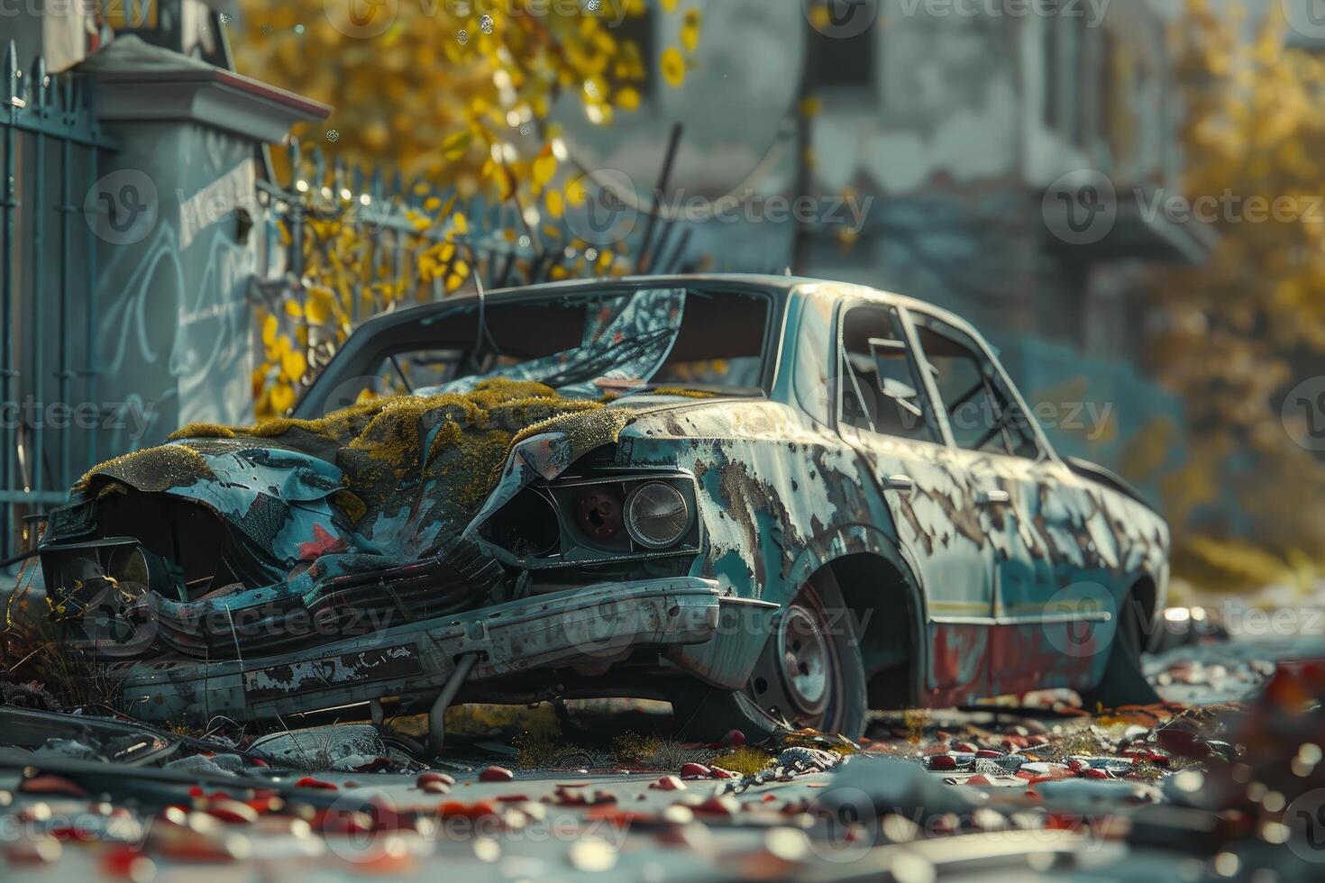 Abandoned car wreck in autumn setting photo