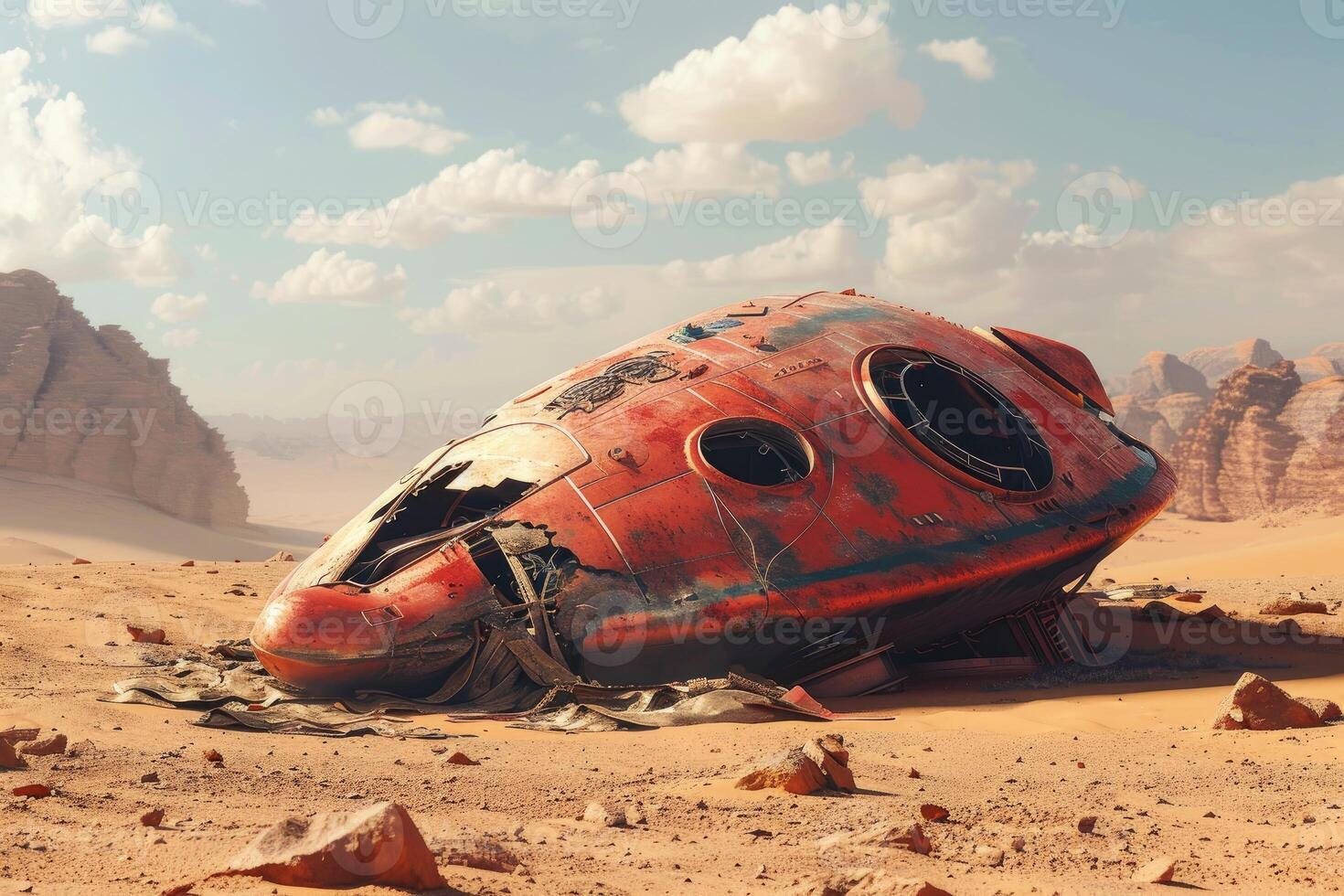 Abandoned spaceship wreck in desert landscape photo