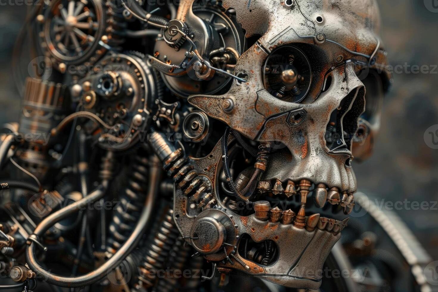 Detailed image of a steampunkstyle mechanical skull with intricate gears and cogs photo