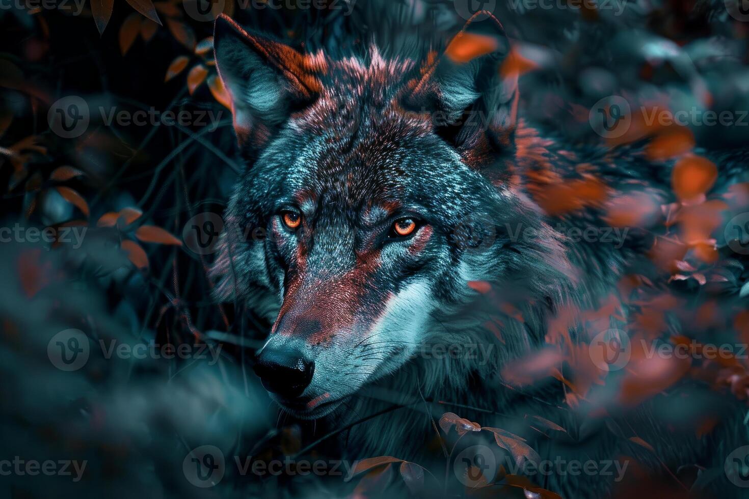 Intense gaze of a wild wolf in the forest photo