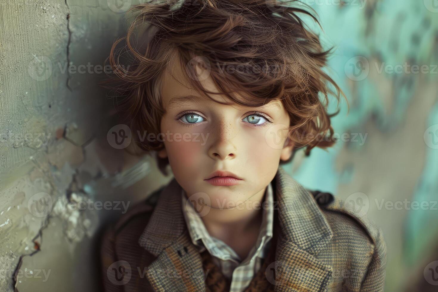 Pensive child with striking blue eyes photo