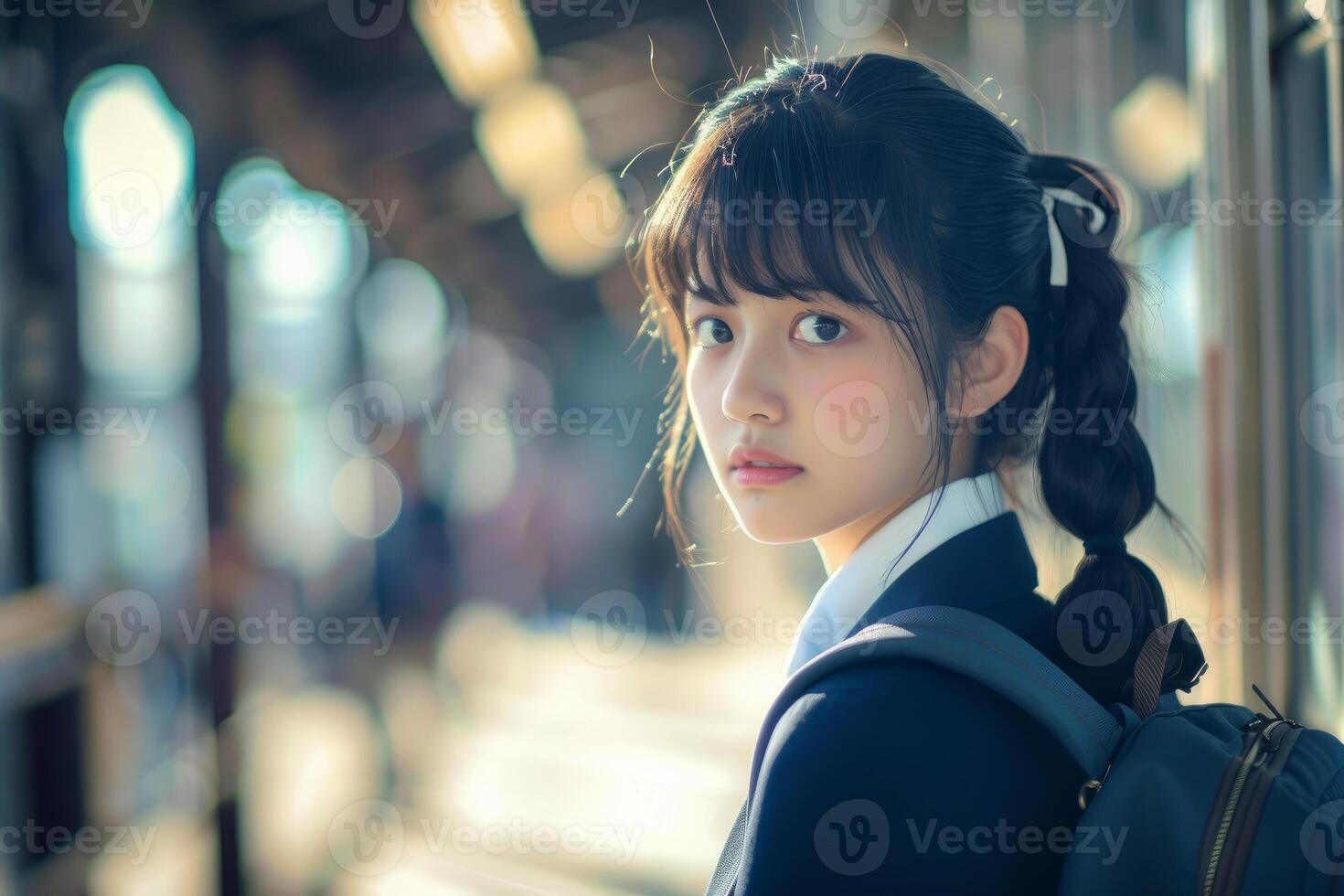 Pensive schoolgirl at train station photo