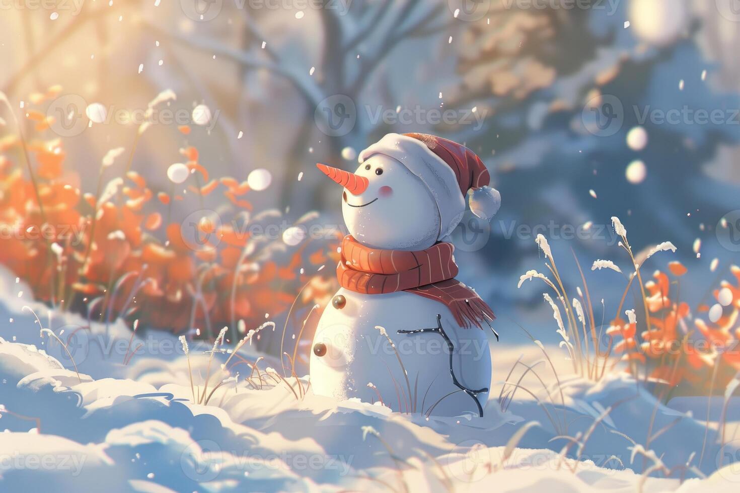 Cheerful snowman in wintry landscape photo