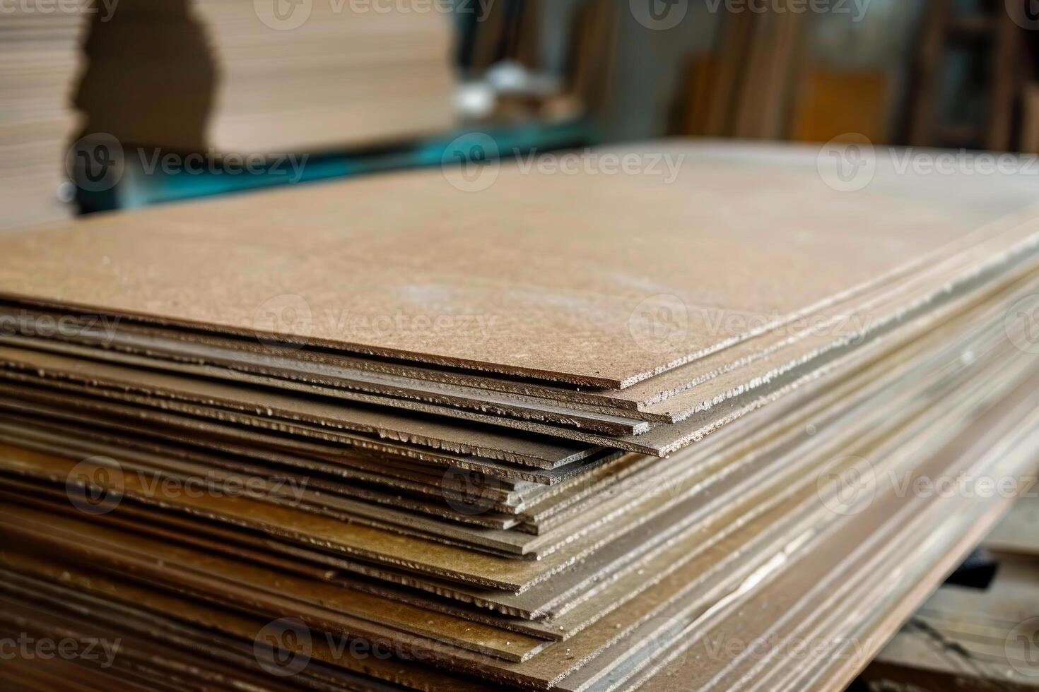 Stack of particle boards in workshop photo