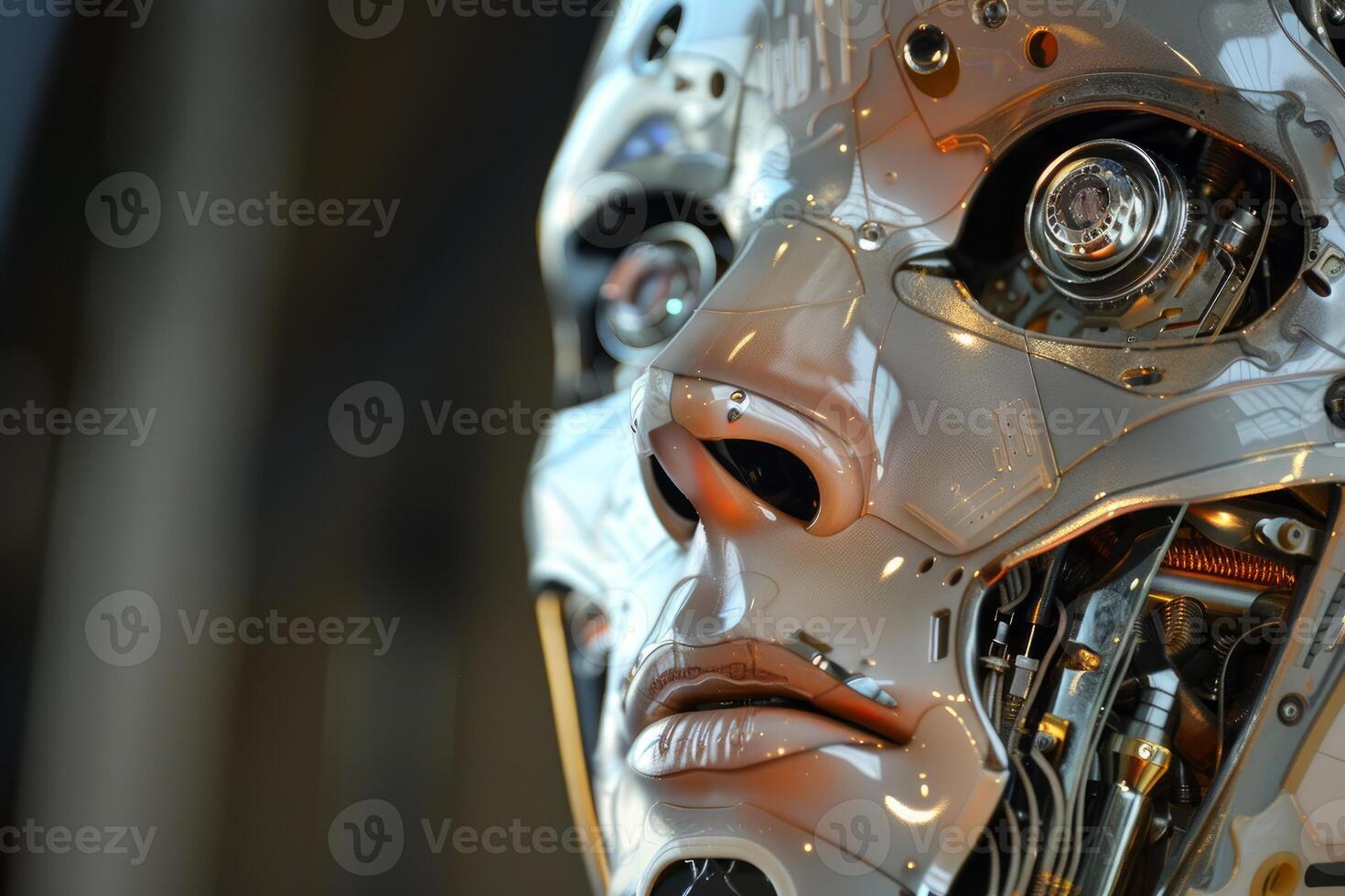 Detailed view of a humanoid robot's head with intricate mechanics photo