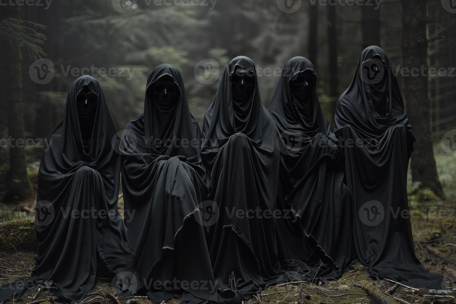 Mysterious figures in forest gathering photo