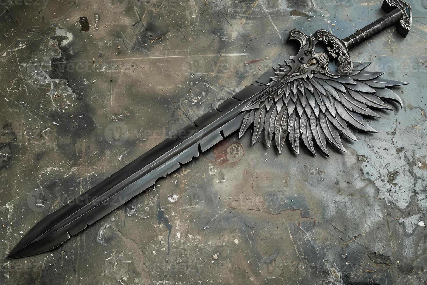 Intricate winged sword on grunge background photo
