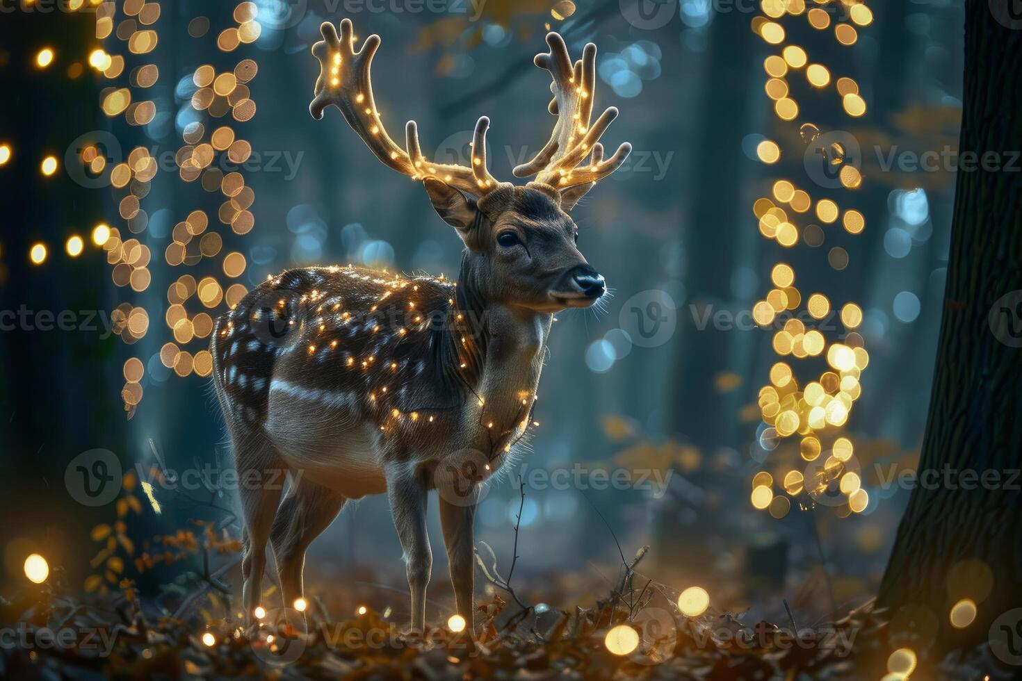 Enchanted forest deer with fairy lights photo